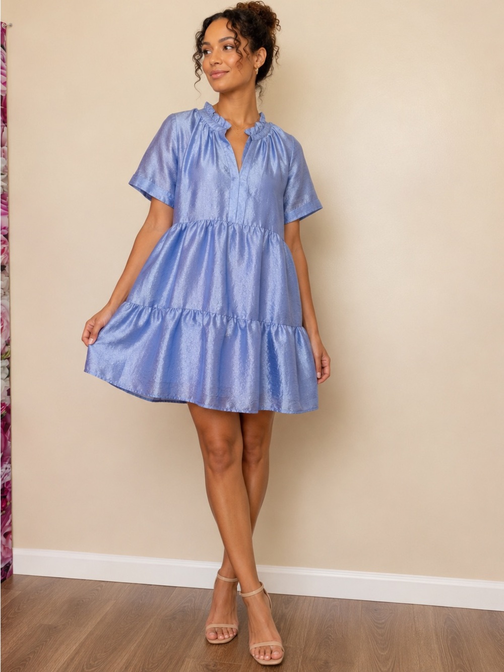 Stine Goya Jasmine Dress Womens Size L Blue Textured Tiered Ruffle Midi